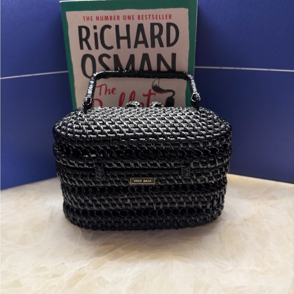 cult gaia black woven mini top-handle bag